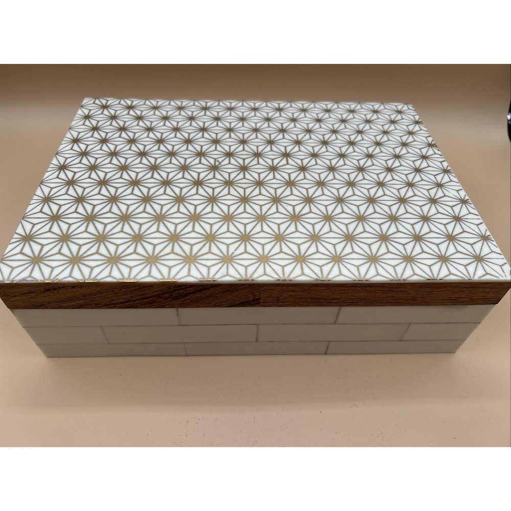 Nicole Miller Inlaid Wooden Jewelry Trinket Box Ivory Gold Geometric Star 7x10
